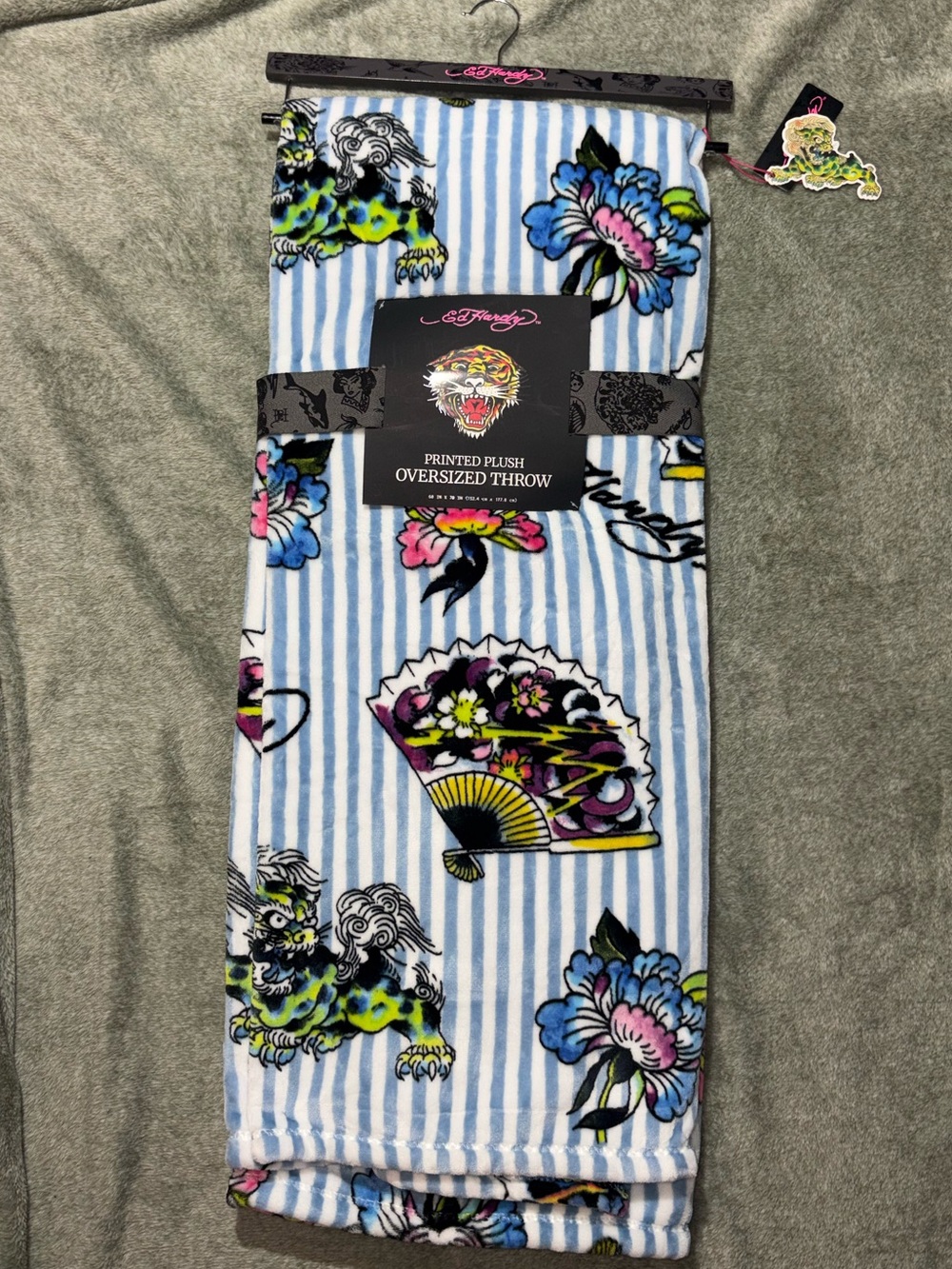 Ed Hardy Plush Oversized Throw - Blue, White stripes